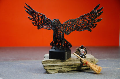 Mystical Raven Sculpture – Intricate Wired Grid Design - Open Wings for Enchanting Home Decor