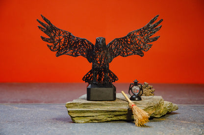 Mystical Raven Sculpture – Intricate Wired Grid Design - Open Wings for Enchanting Home Decor