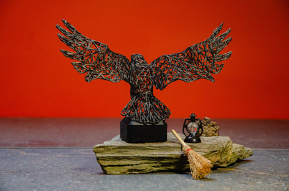 Mystical Raven Sculpture – Intricate Wired Grid Design - Open Wings for Enchanting Home Decor