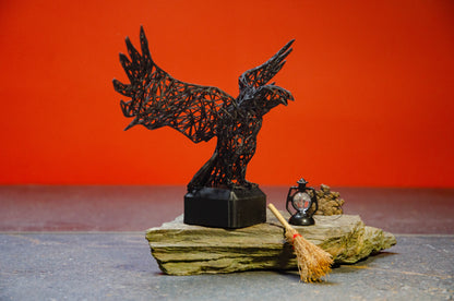 Mystical Raven Sculpture – Intricate Wired Grid Design - Open Wings for Enchanting Home Decor