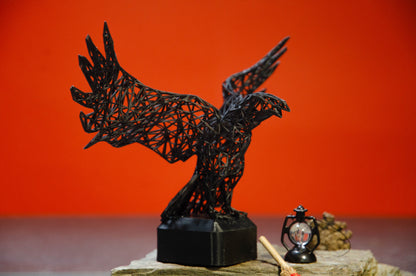 Mystical Raven Sculpture – Intricate Wired Grid Design - Open Wings for Enchanting Home Decor