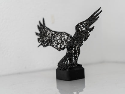Mystical Raven Sculpture – Intricate Wired Grid Design - Open Wings for Enchanting Home Decor