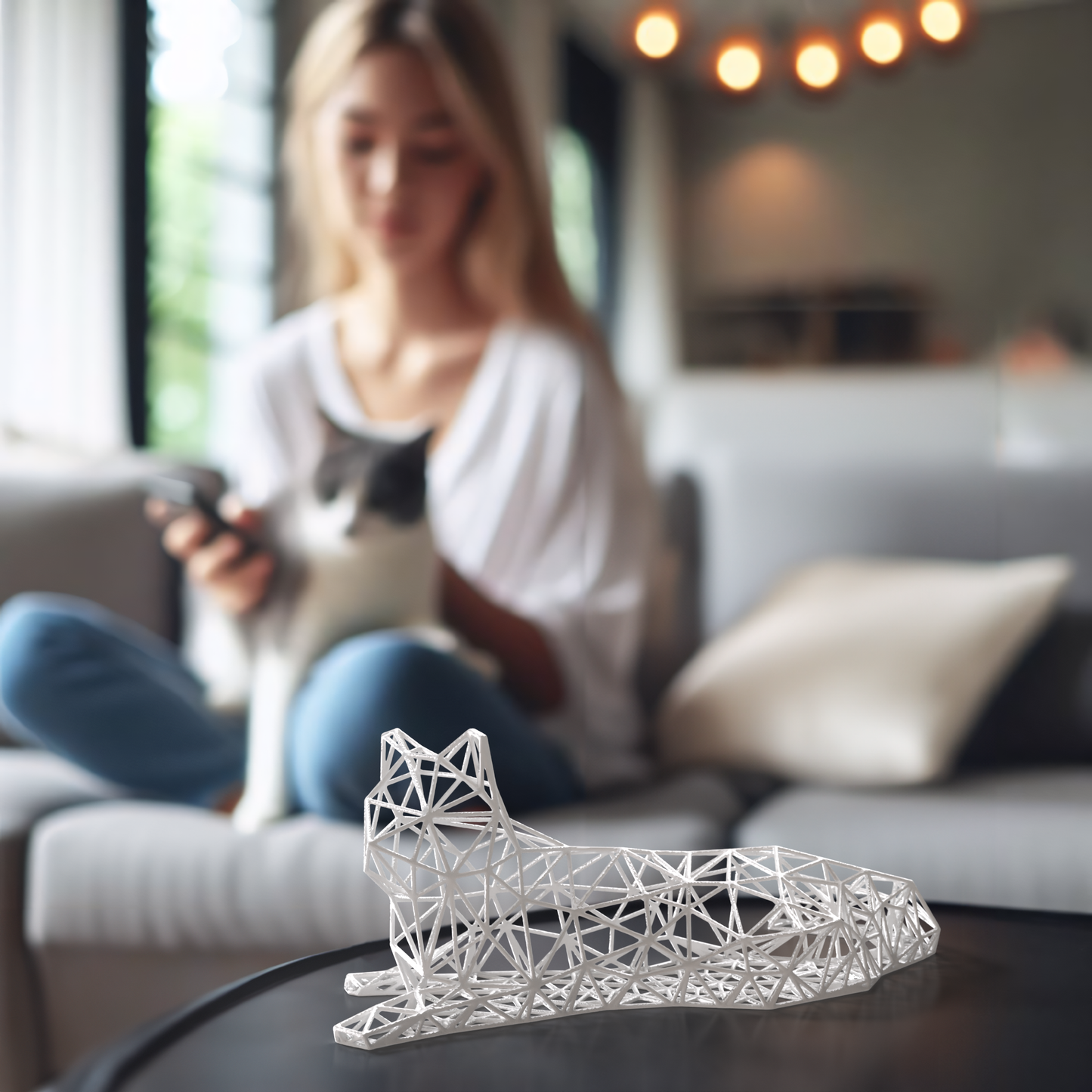 Elegante liegende Katzen-Dekor-Skulptur 