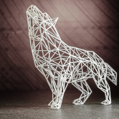Majestätische moderne Wolfsskulptur - 3D-Drahtgitter-Harzkunst für Wohndekoration, geometrisches Dekor 