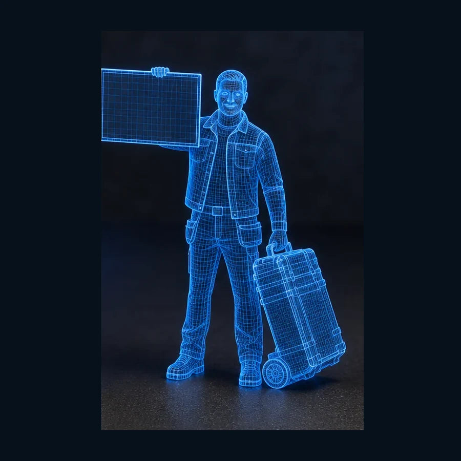 Leuchtendes digitales 3D-Gitter eines Handwerkers mit Schild und Werkzeugkoffer