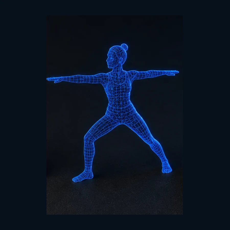 Leuchtendes digitales 3D-Gitter einer Yoga-Pose